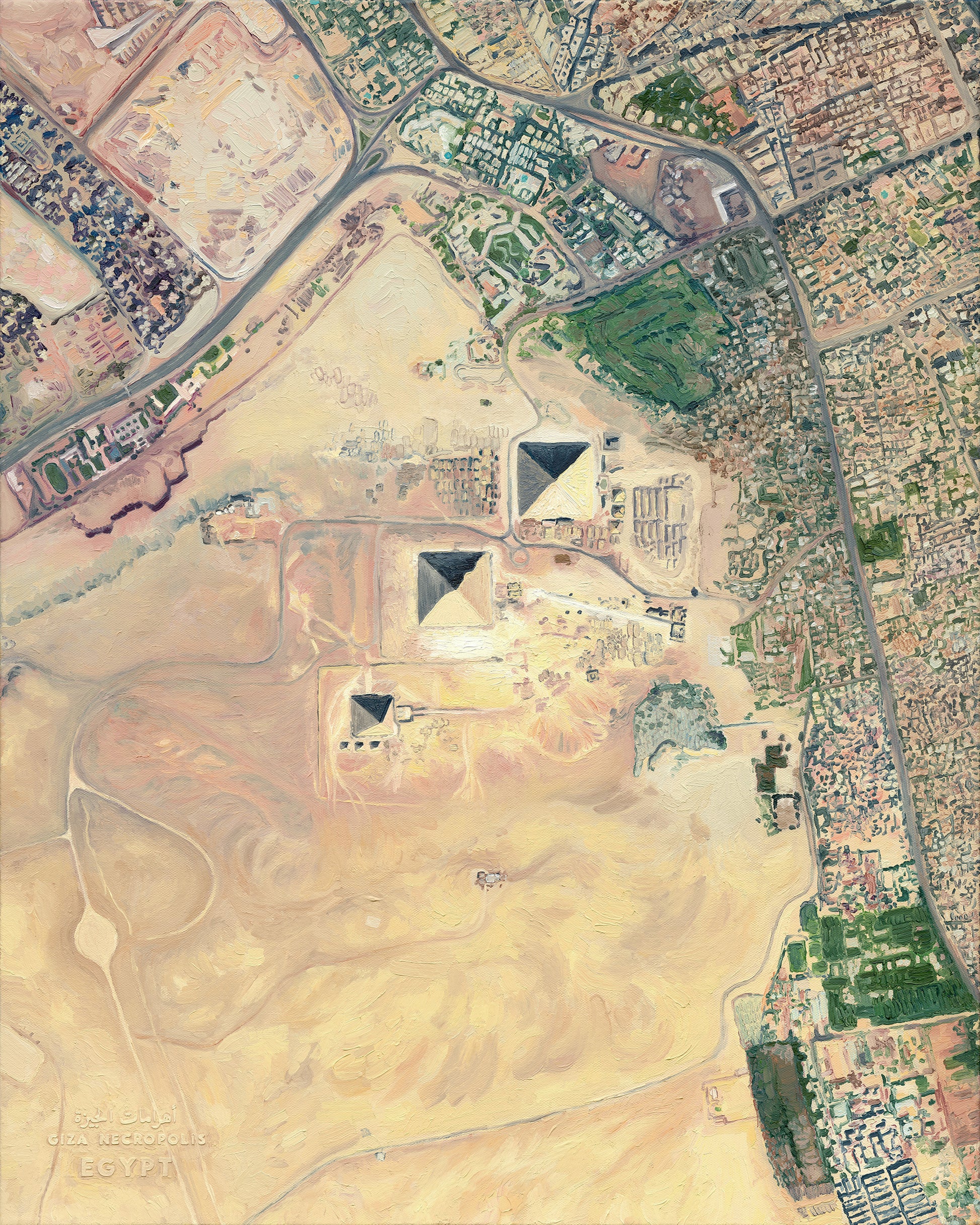 Giza necropolis Egypt North Africa ancient pyramid great pyramids of Giza Egyptian world travel map art print timeless african print desert hues soft beige color palette artwork painting sahara desert muted cream yellow brown Sienna tones home interiors artwork exotic location bold boho vibe vintage tribal travelers landscape gallery wall olivia serrill