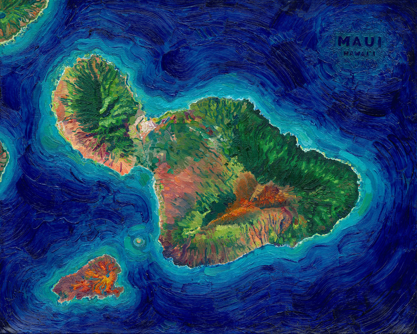 maui Hawaii Hawaiian island Pacific Ocean beach exotic oceania tropical landscape art artwork painting painted brushstrokes archival high quality print giclee map city hills mountain range rivers valleys blue green red orange yellow multicolor bright color palette home interior design travel map lovers enthusiasts travelers Haleakala national park Kahului Lahaina west maui Hana road to Hana vintage style intricate detailed saturated textural bold gallery wall Olivia Serrill oil on canvas original poster