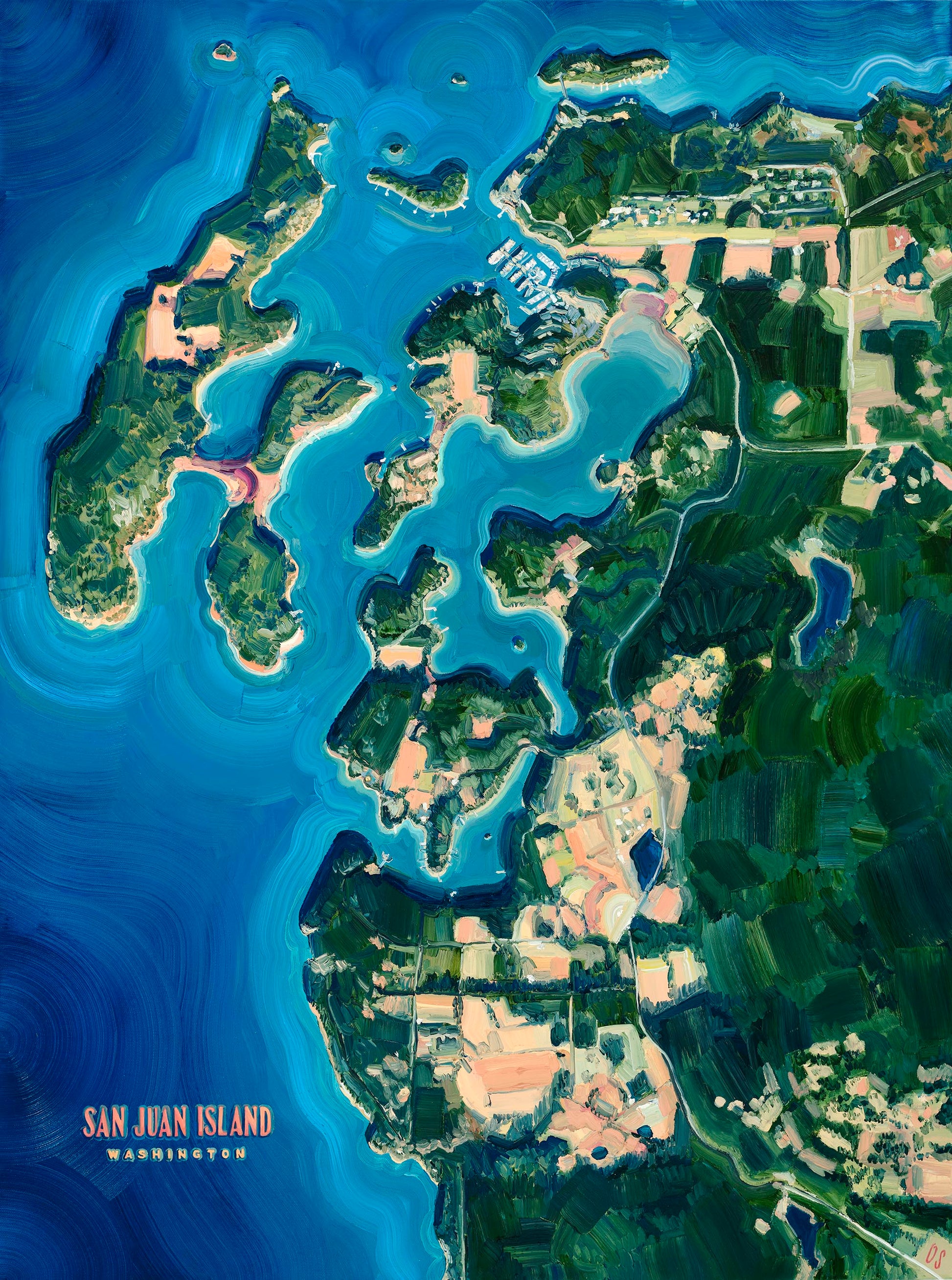 San Juan island west washington state Pacific Ocean inlets northwest pnw beach coastal landscape art artwork painting painted brushstrokes archival high quality print giclee map city hills mountain forest trees sand Roche harbor yacht haven marina fishing town boating adventure rivers valleys blue green coral multicolor bright color palette home interior design travel map lovers enthusiasts travelers intricate detailed saturated textural bold gallery wall Olivia Serrill oil on canvas original poster