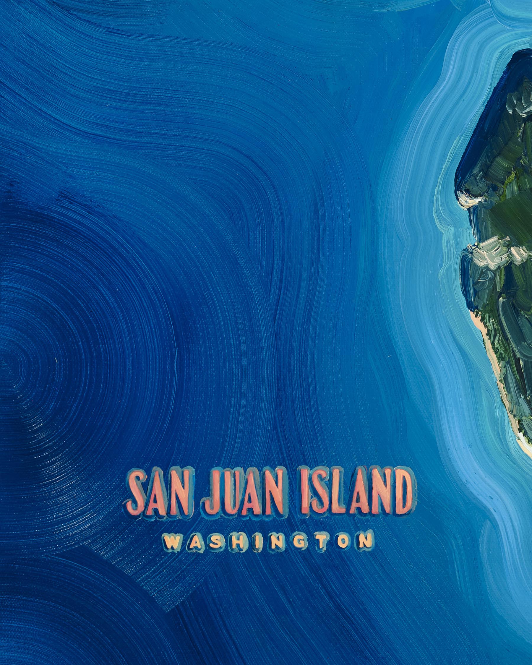 San Juan island west washington state Pacific Ocean inlets northwest pnw beach coastal landscape art artwork painting painted brushstrokes archival high quality print giclee map city hills mountain forest trees sand Roche harbor yacht haven marina fishing town boating adventure rivers valleys blue green coral multicolor bright color palette home interior design travel map lovers enthusiasts travelers intricate detailed saturated textural bold gallery wall Olivia Serrill oil on canvas original poster