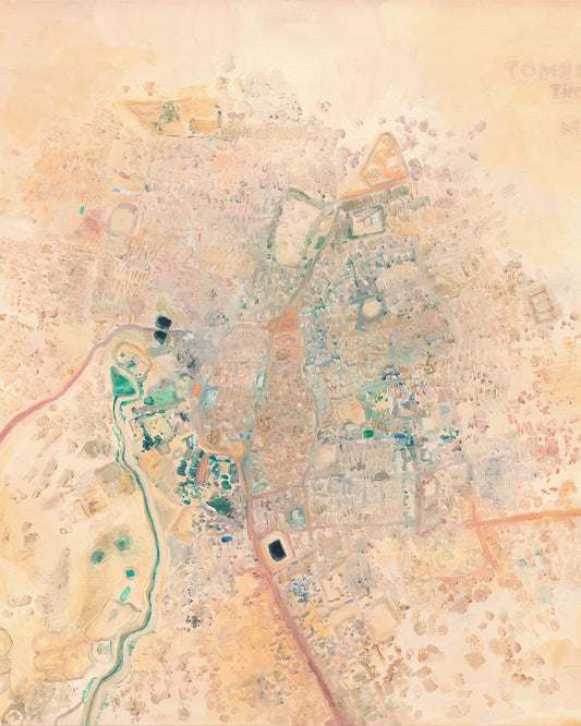 Close-up detail of original oil painting—colorful abstract aerial view of Timbuktu, Mali in warm pink, coral, and desert tones.