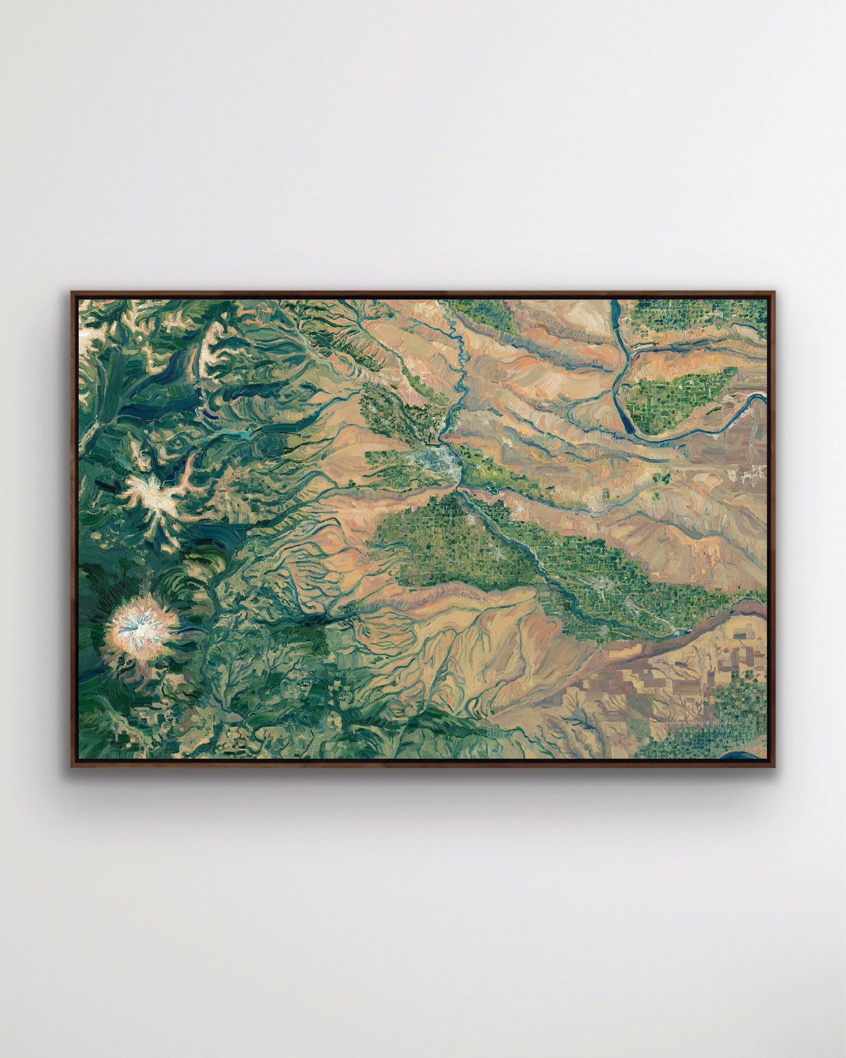 yakima valley mt mount adams landscape art artwork painting print giclee map washington state city hills mountain range rivers valleys blue green beige muted desert color palette home interior design travel map lovers enthusiasts travelers Pacific Northwest location pnw intricate detailed textural bold