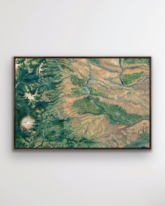 yakima valley mt mount adams landscape art artwork painting print giclee map washington state city hills mountain range rivers valleys blue green beige muted desert color palette home interior design travel map lovers enthusiasts travelers Pacific Northwest location pnw intricate detailed textural bold