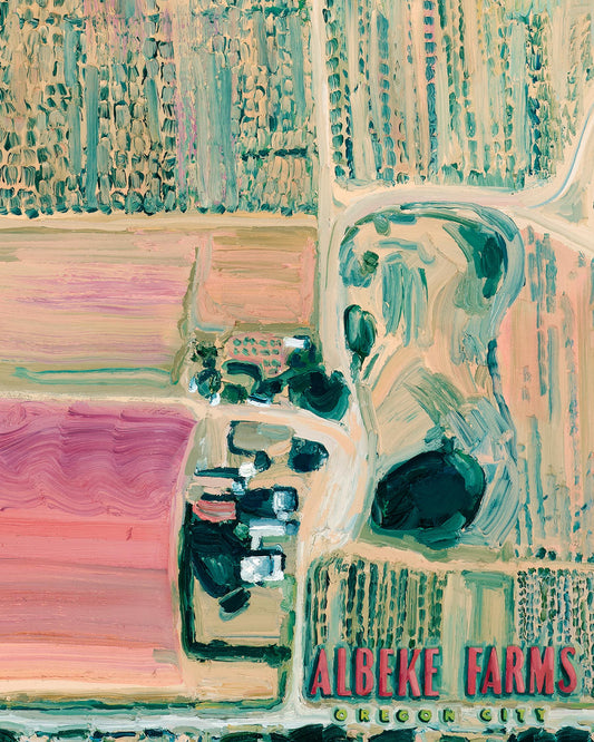 Albeke farms Oregon City Pacific Northwest pnw farm farming strawberries berry farmlands landscape art artwork painting painted brushstrokes archival high quality print giclee map forest trees coral multicolor bright color palette home interior design travel map lovers enthusiasts travelers intricate detailed saturated textural bold red pink coral green gallery wall Olivia Serrill oil on canvas original poster satellite image birds eye view aerial picture handmade farmstand garden country fields grass crops