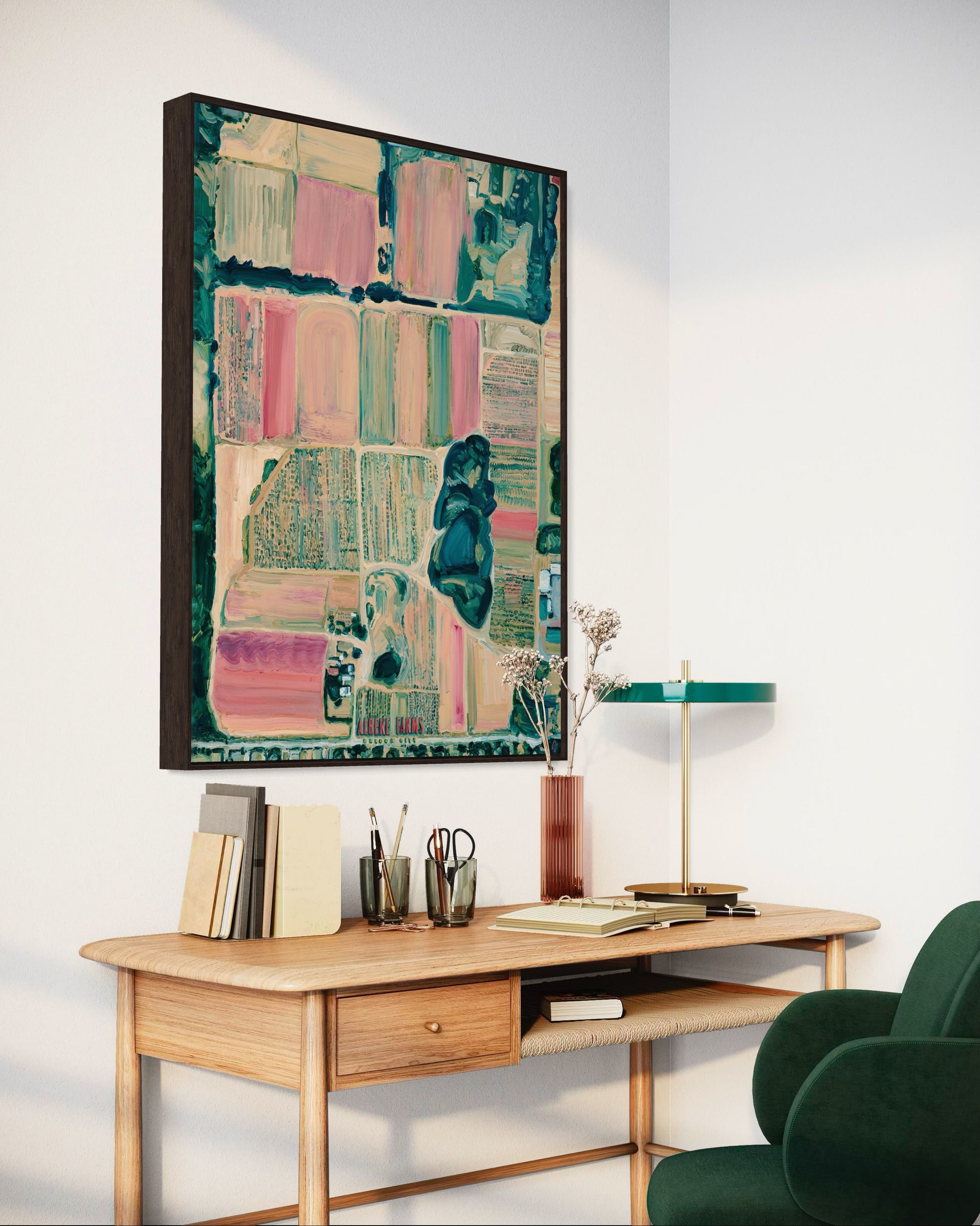 Albeke farms Oregon City Pacific Northwest pnw farm farming strawberries berry farmlands landscape art artwork painting painted brushstrokes archival high quality print giclee map forest trees coral multicolor bright color palette home interior design travel map lovers enthusiasts travelers intricate detailed saturated textural bold red pink coral green gallery wall Olivia Serrill oil on canvas original poster satellite image birds eye view aerial picture handmade farmstand garden country fields grass crops