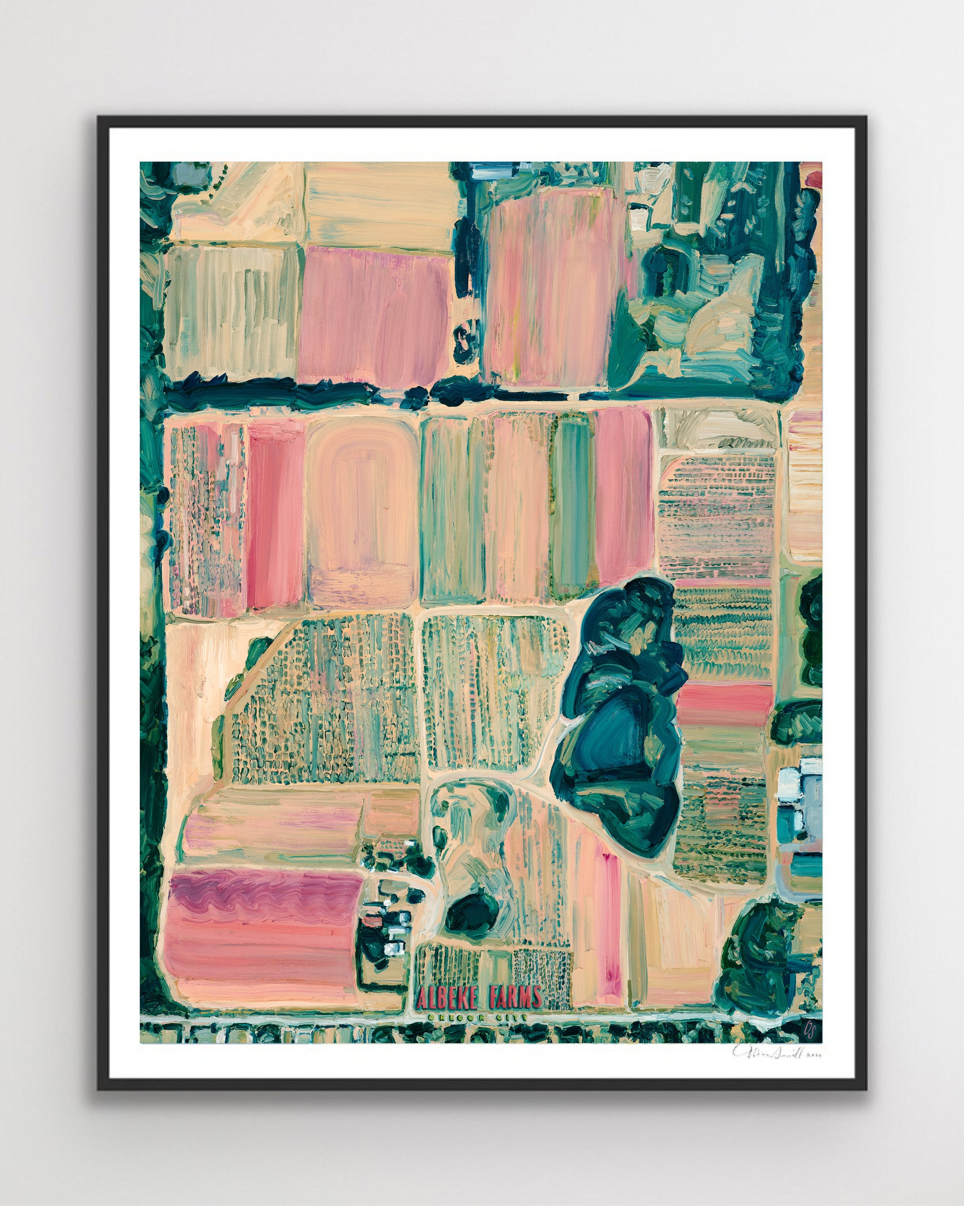 Albeke farms Oregon City Pacific Northwest pnw farm farming strawberries berry farmlands landscape art artwork painting painted brushstrokes archival high quality print giclee map forest trees coral multicolor bright color palette home interior design travel map lovers enthusiasts travelers intricate detailed saturated textural bold red pink coral green gallery wall Olivia Serrill oil on canvas original poster satellite image birds eye view aerial picture handmade farmstand garden country fields grass crops