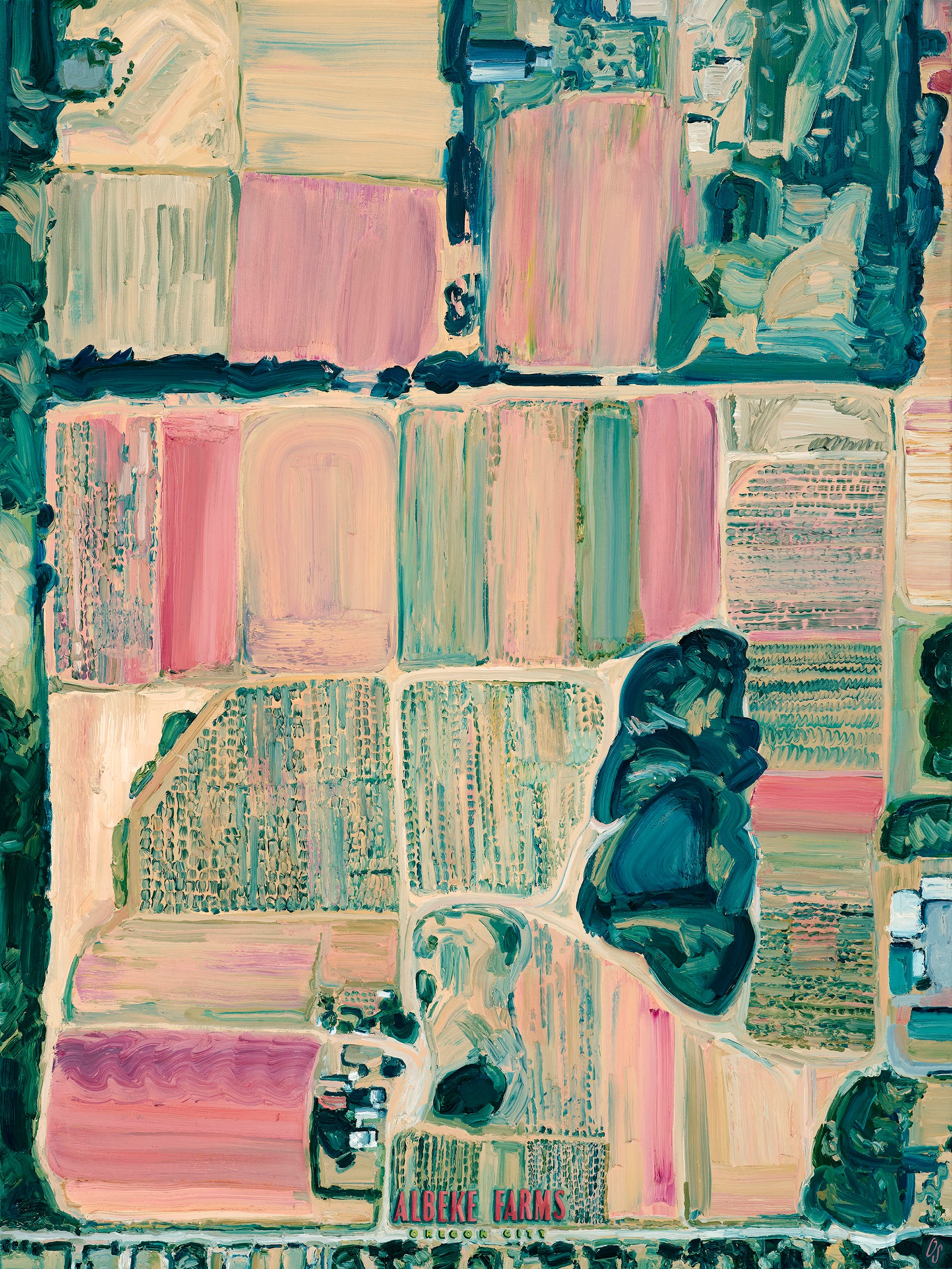 Albeke farms Oregon City Pacific Northwest pnw farm farming strawberries berry farmlands landscape art artwork painting painted brushstrokes archival high quality print giclee map forest trees coral multicolor bright color palette home interior design travel map lovers enthusiasts travelers intricate detailed saturated textural bold red pink coral green gallery wall Olivia Serrill oil on canvas original poster satellite image birds eye view aerial picture handmade farmstand garden country fields grass crops