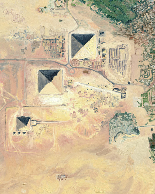 Giza necropolis Egypt North Africa ancient pyramid great pyramids of Giza Egyptian world travel map art print timeless african print desert hues soft beige color palette artwork painting sahara desert muted cream yellow brown Sienna tones home interiors artwork exotic location bold boho vibe vintage tribal travelers landscape gallery wall