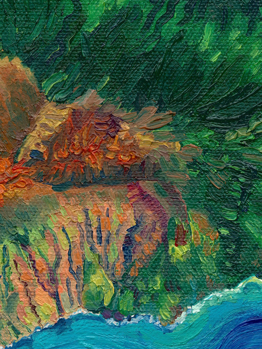 maui Hawaii Hawaiian island Pacific Ocean beach exotic oceania tropical landscape art artwork painting painted brushstrokes archival high quality print giclee map city hills mountain range rivers valleys blue green red orange yellow multicolor bright color palette home interior design travel map lovers enthusiasts travelers Haleakala national park Kahului Lahaina west maui Hana road to Hana vintage style intricate detailed saturated textural bold gallery wall Olivia Serrill oil on canvas original poster