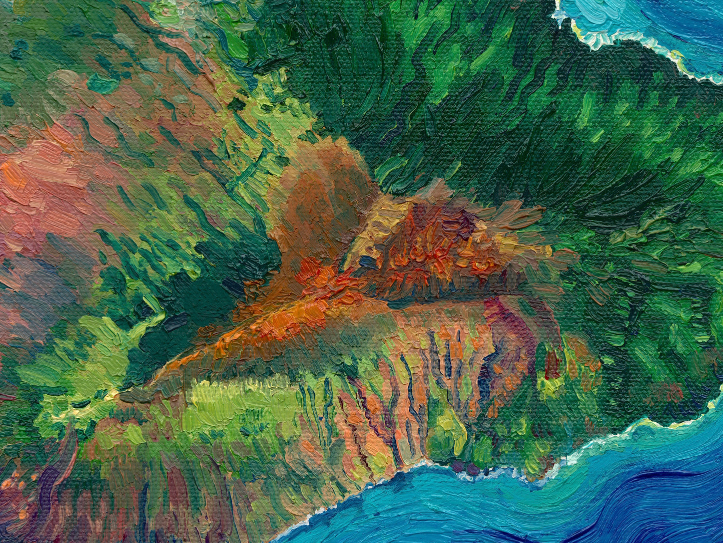 maui Hawaii Hawaiian island Pacific Ocean beach exotic oceania tropical landscape art artwork painting painted brushstrokes archival high quality print giclee map city hills mountain range rivers valleys blue green red orange yellow multicolor bright color palette home interior design travel map lovers enthusiasts travelers Haleakala national park Kahului Lahaina west maui Hana road to Hana vintage style intricate detailed saturated textural bold gallery wall Olivia Serrill oil on canvas original poster