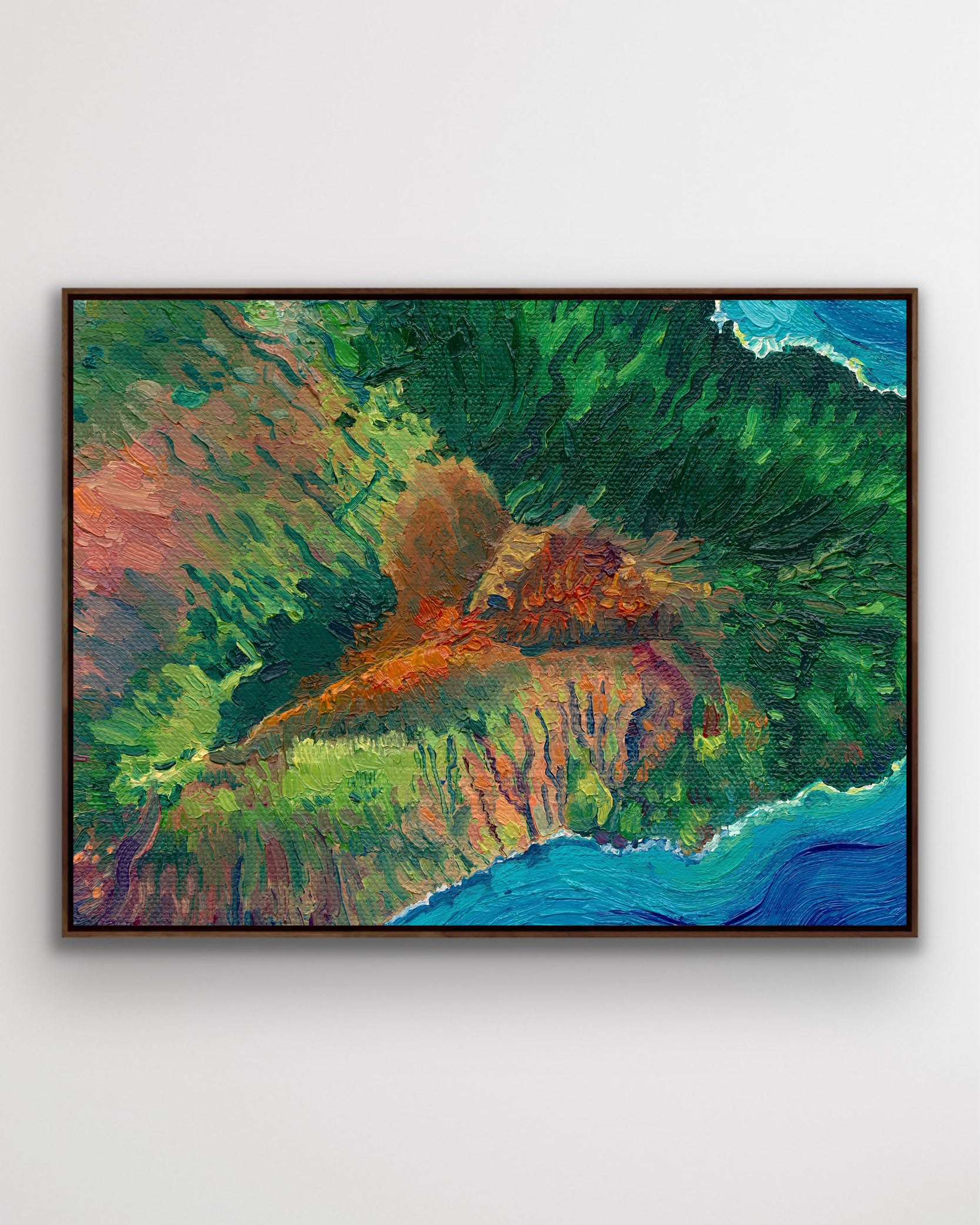 maui Hawaii Hawaiian island Pacific Ocean beach exotic oceania tropical landscape art artwork painting painted brushstrokes archival high quality print giclee map city hills mountain range rivers valleys blue green red orange yellow multicolor bright color palette home interior design travel map lovers enthusiasts travelers Haleakala national park Kahului Lahaina west maui Hana road to Hana vintage style intricate detailed saturated textural bold gallery wall Olivia Serrill oil on canvas original poster