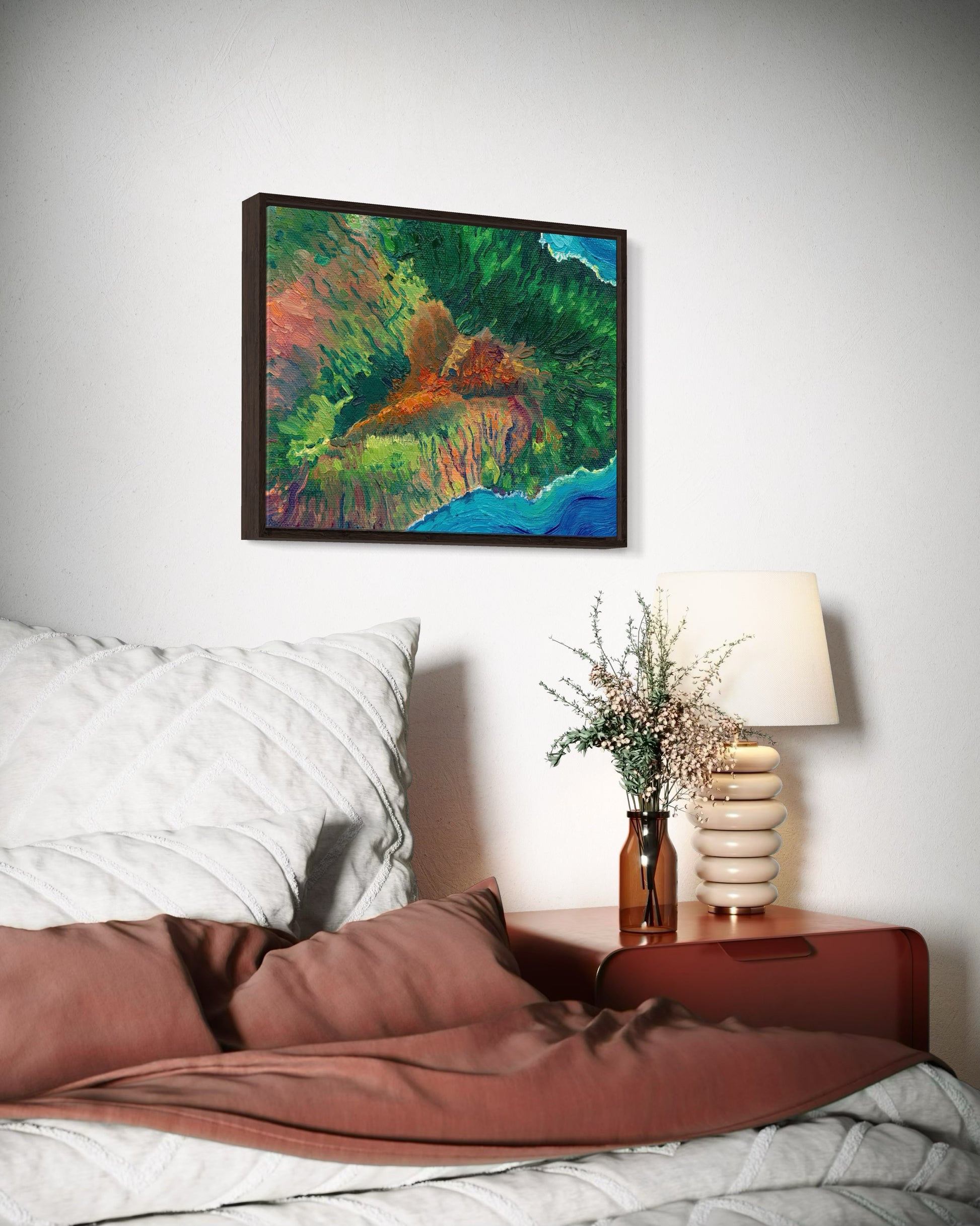maui Hawaii Hawaiian island Pacific Ocean beach exotic oceania tropical landscape art artwork painting painted brushstrokes archival high quality print giclee map city hills mountain range rivers valleys blue green red orange yellow multicolor bright color palette home interior design travel map lovers enthusiasts travelers Haleakala national park Kahului Lahaina west maui Hana road to Hana vintage style intricate detailed saturated textural bold gallery wall Olivia Serrill oil on canvas original poster