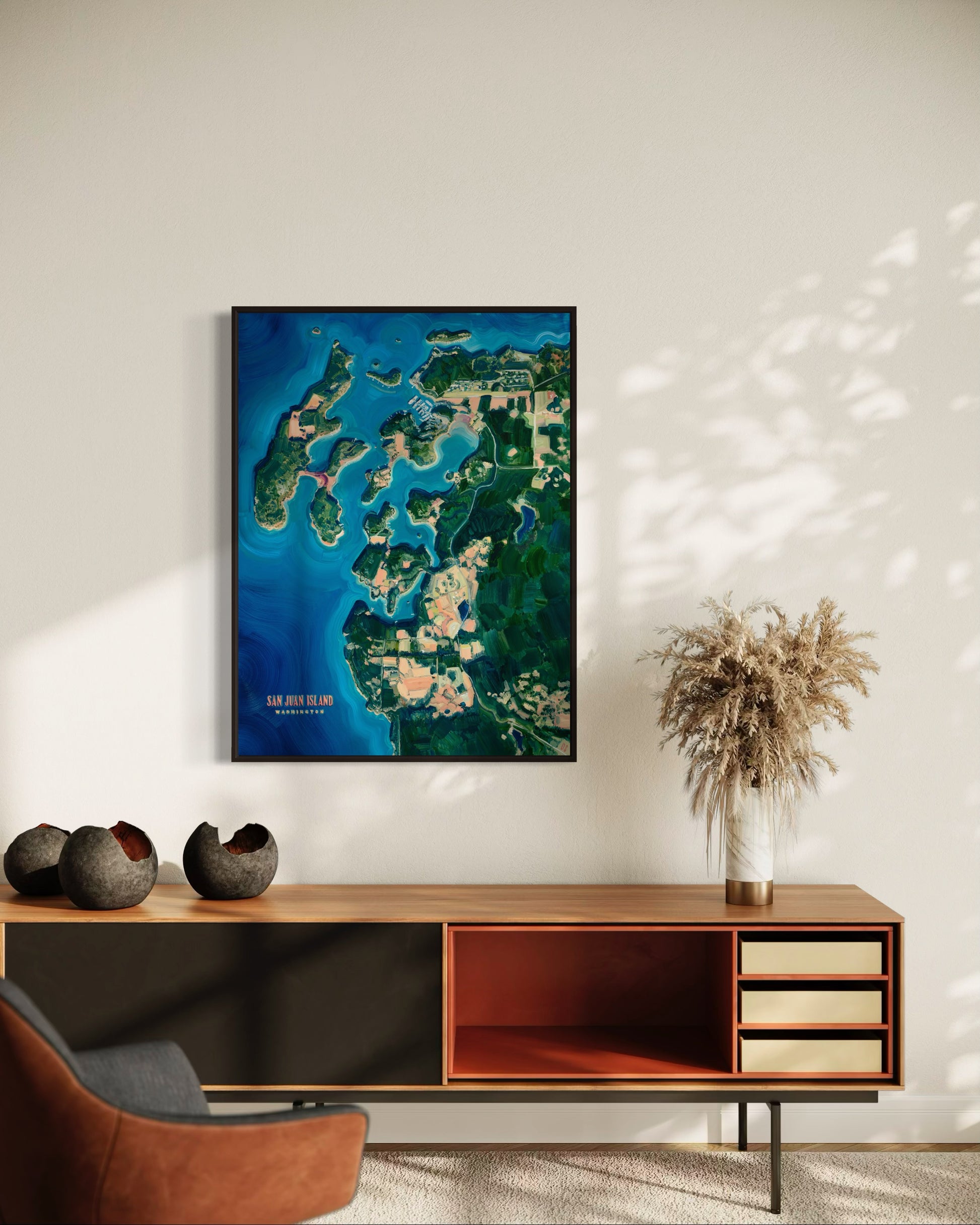 San Juan island west washington state Pacific Ocean inlets northwest pnw beach coastal landscape art artwork painting painted brushstrokes archival high quality print giclee map city hills mountain forest trees sand Roche harbor yacht haven marina fishing town boating adventure rivers valleys blue green coral multicolor bright color palette home interior design travel map lovers enthusiasts travelers intricate detailed saturated textural bold gallery wall Olivia Serrill oil on canvas original poster
