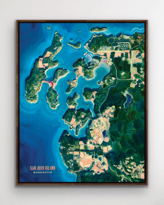 San Juan island west washington state Pacific Ocean inlets northwest pnw beach coastal landscape art artwork painting painted brushstrokes archival high quality print giclee map city hills mountain forest trees sand Roche harbor yacht haven marina fishing town boating adventure rivers valleys blue green coral multicolor bright color palette home interior design travel map lovers enthusiasts travelers intricate detailed saturated textural bold gallery wall Olivia Serrill oil on canvas original poster