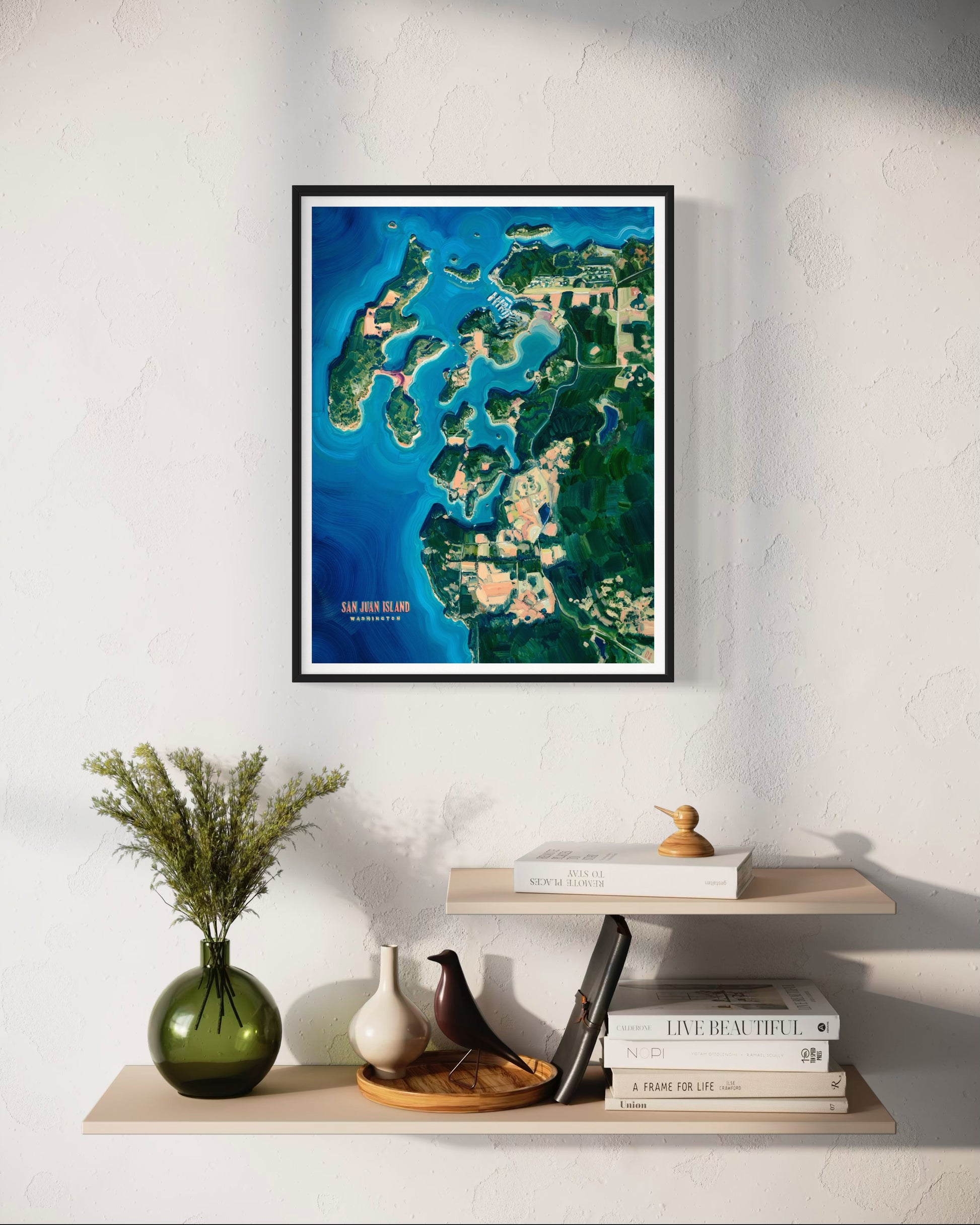 San Juan island west washington state Pacific Ocean inlets northwest pnw beach coastal landscape art artwork painting painted brushstrokes archival high quality print giclee map city hills mountain forest trees sand Roche harbor yacht haven marina fishing town boating adventure rivers valleys blue green coral multicolor bright color palette home interior design travel map lovers enthusiasts travelers intricate detailed saturated textural bold gallery wall Olivia Serrill oil on canvas original poster
