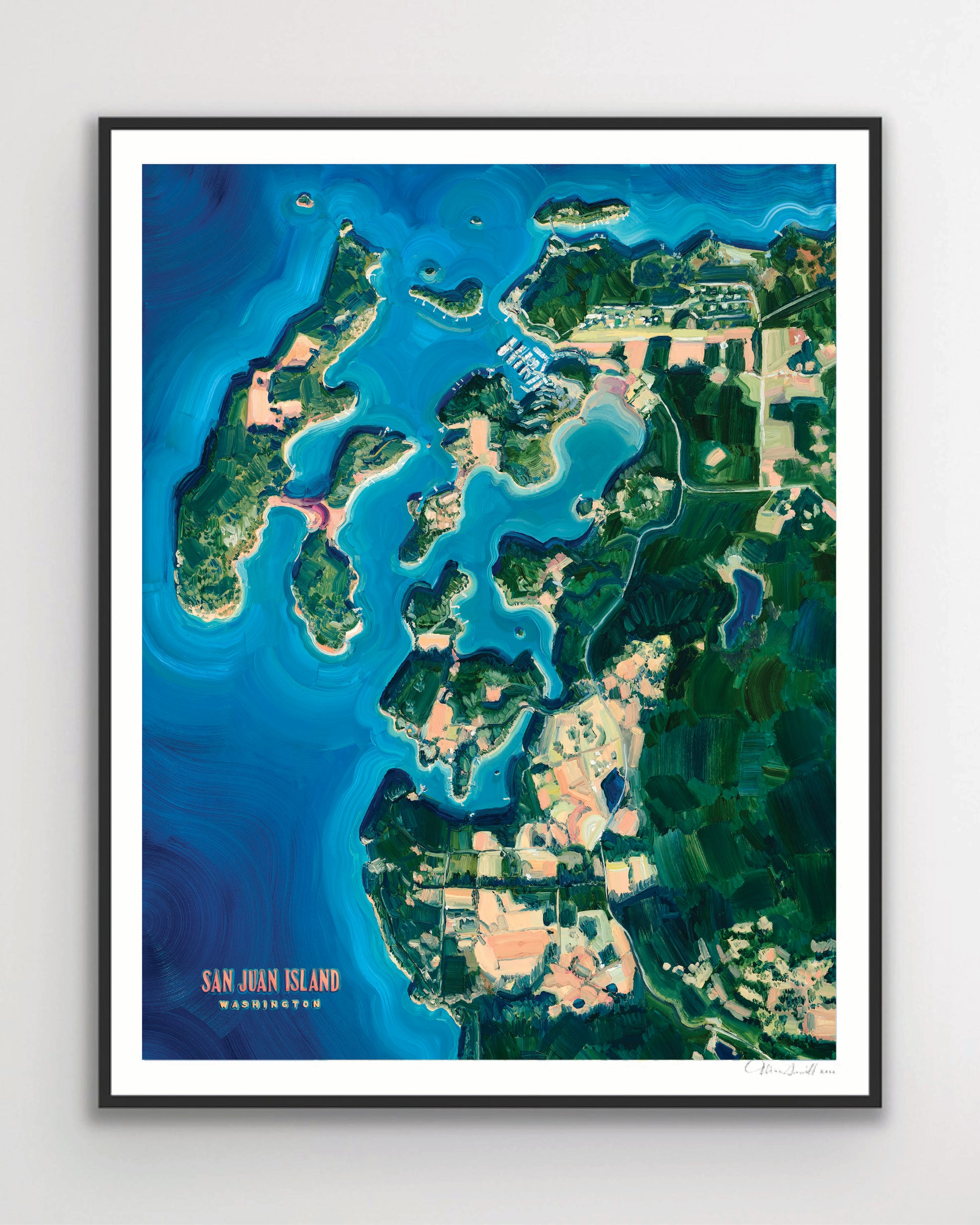San Juan island west washington state Pacific Ocean inlets northwest pnw beach coastal landscape art artwork painting painted brushstrokes archival high quality print giclee map city hills mountain forest trees sand Roche harbor yacht haven marina fishing town boating adventure rivers valleys blue green coral multicolor bright color palette home interior design travel map lovers enthusiasts travelers intricate detailed saturated textural bold gallery wall Olivia Serrill oil on canvas original poster