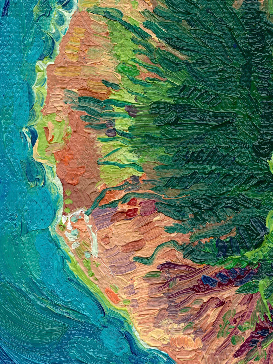 maui Hawaii Hawaiian island Pacific Ocean beach exotic oceania tropical landscape art artwork painting painted brushstrokes archival high quality print giclee map city hills mountain range rivers valleys blue green red orange yellow multicolor bright color palette home interior design travel map lovers enthusiasts travelers Haleakala national park Kahului Lahaina west maui Hana road to Hana vintage style intricate detailed saturated textural bold gallery wall Olivia Serrill oil on canvas original poster