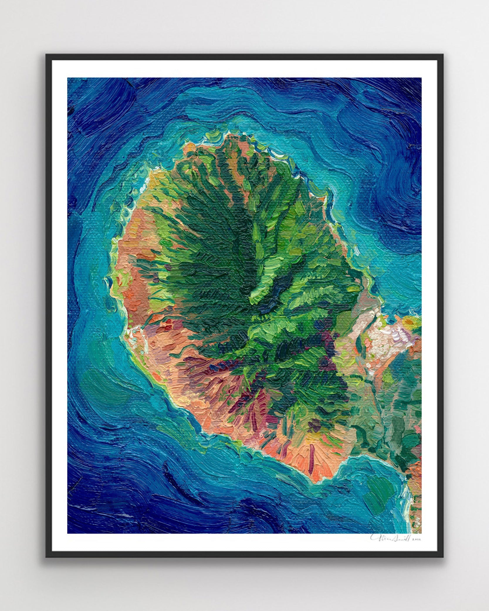maui Hawaii Hawaiian island Pacific Ocean beach exotic oceania tropical landscape art artwork painting painted brushstrokes archival high quality print giclee map city hills mountain range rivers valleys blue green red orange yellow multicolor bright color palette home interior design travel map lovers enthusiasts travelers Haleakala national park Kahului Lahaina west maui Hana road to Hana vintage style intricate detailed saturated textural bold gallery wall Olivia Serrill oil on canvas original poster