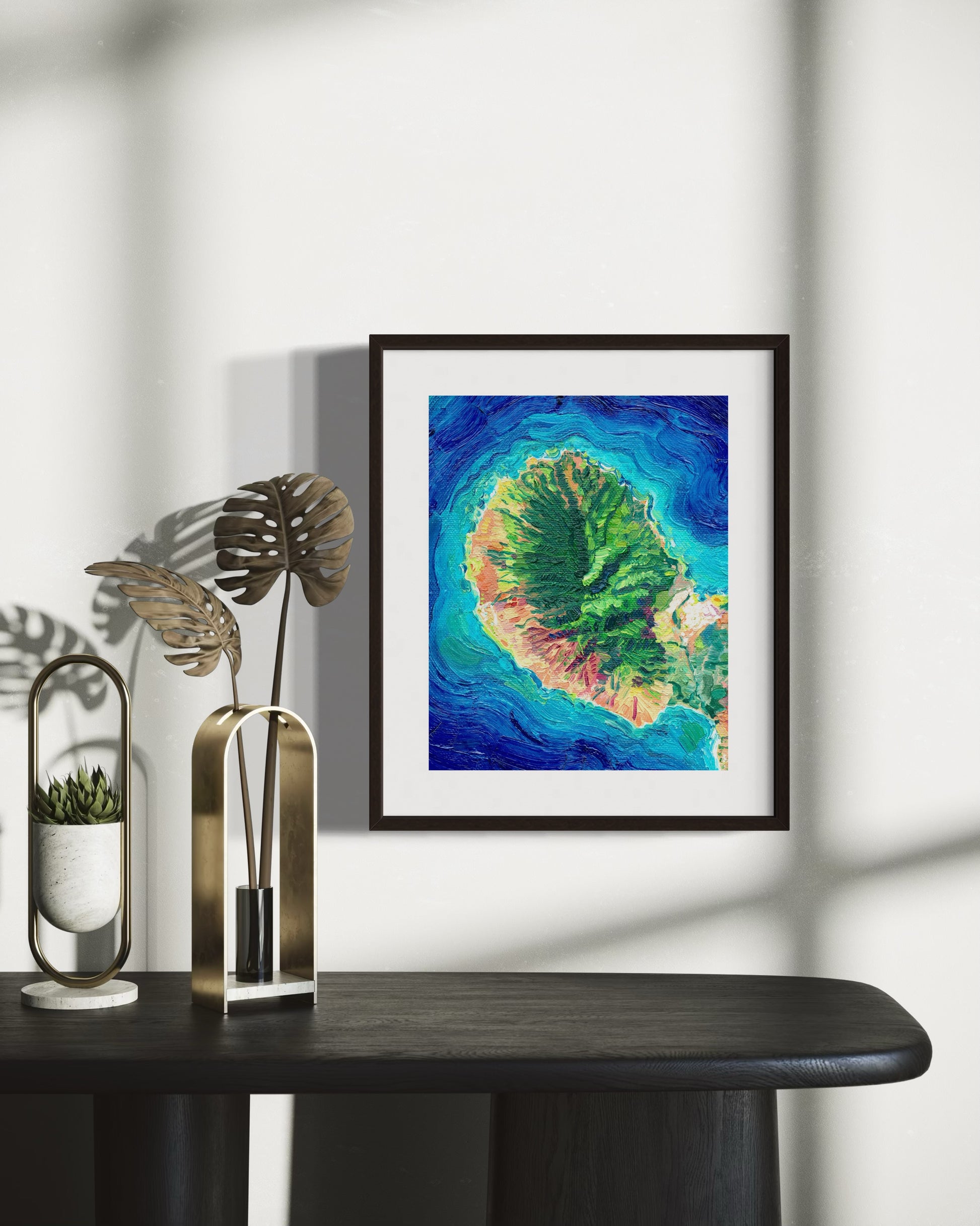 maui Hawaii Hawaiian island Pacific Ocean beach exotic oceania tropical landscape art artwork painting painted brushstrokes archival high quality print giclee map city hills mountain range rivers valleys blue green red orange yellow multicolor bright color palette home interior design travel map lovers enthusiasts travelers Haleakala national park Kahului Lahaina west maui Hana road to Hana vintage style intricate detailed saturated textural bold gallery wall Olivia Serrill oil on canvas original poster
