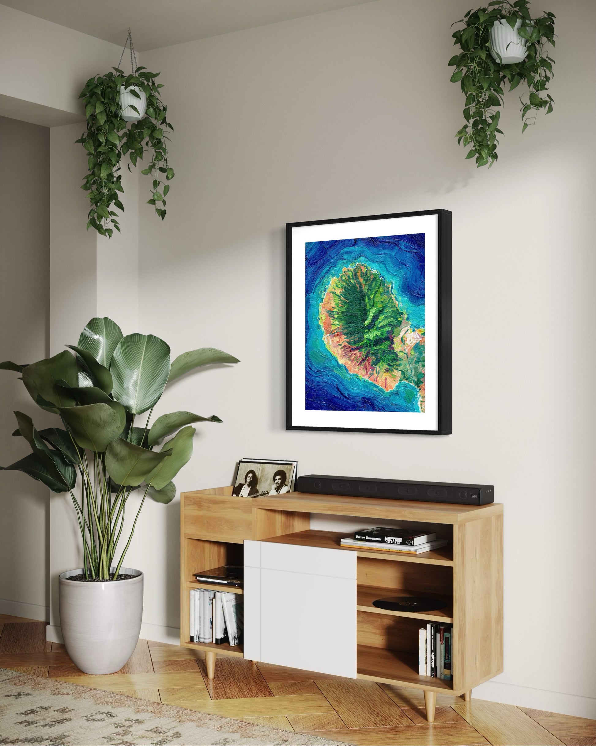 maui Hawaii Hawaiian island Pacific Ocean beach exotic oceania tropical landscape art artwork painting painted brushstrokes archival high quality print giclee map city hills mountain range rivers valleys blue green red orange yellow multicolor bright color palette home interior design travel map lovers enthusiasts travelers Haleakala national park Kahului Lahaina west maui Hana road to Hana vintage style intricate detailed saturated textural bold gallery wall Olivia Serrill oil on canvas original poster
