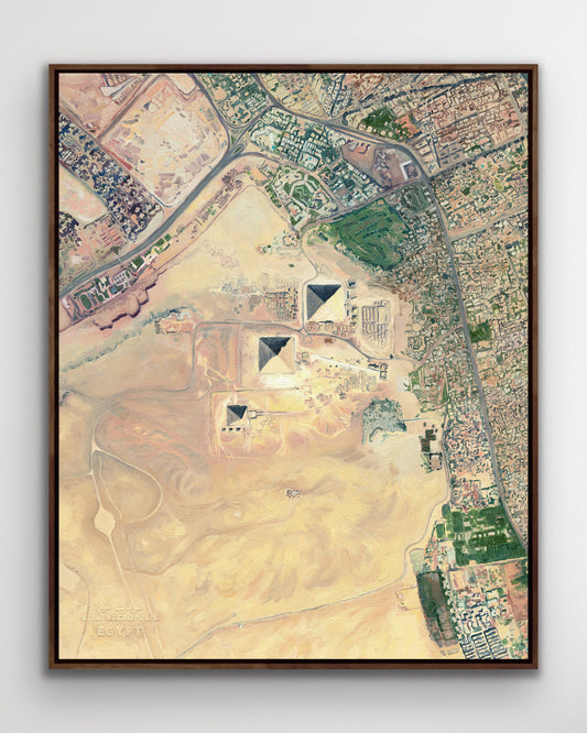 Giza necropolis Egypt North Africa ancient pyramid great pyramids of Giza Egyptian world travel map art print timeless african print desert hues soft beige color palette artwork painting sahara desert muted cream yellow brown Sienna tones home interiors artwork exotic location bold boho vibe vintage tribal travelers landscape gallery wall