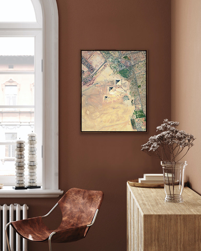 Giza necropolis Egypt North Africa ancient pyramid great pyramids of Giza Egyptian world travel map art print timeless african print desert hues soft beige color palette artwork painting sahara desert muted cream yellow brown Sienna tones home interiors artwork exotic location bold boho vibe vintage tribal travelers landscape gallery wall