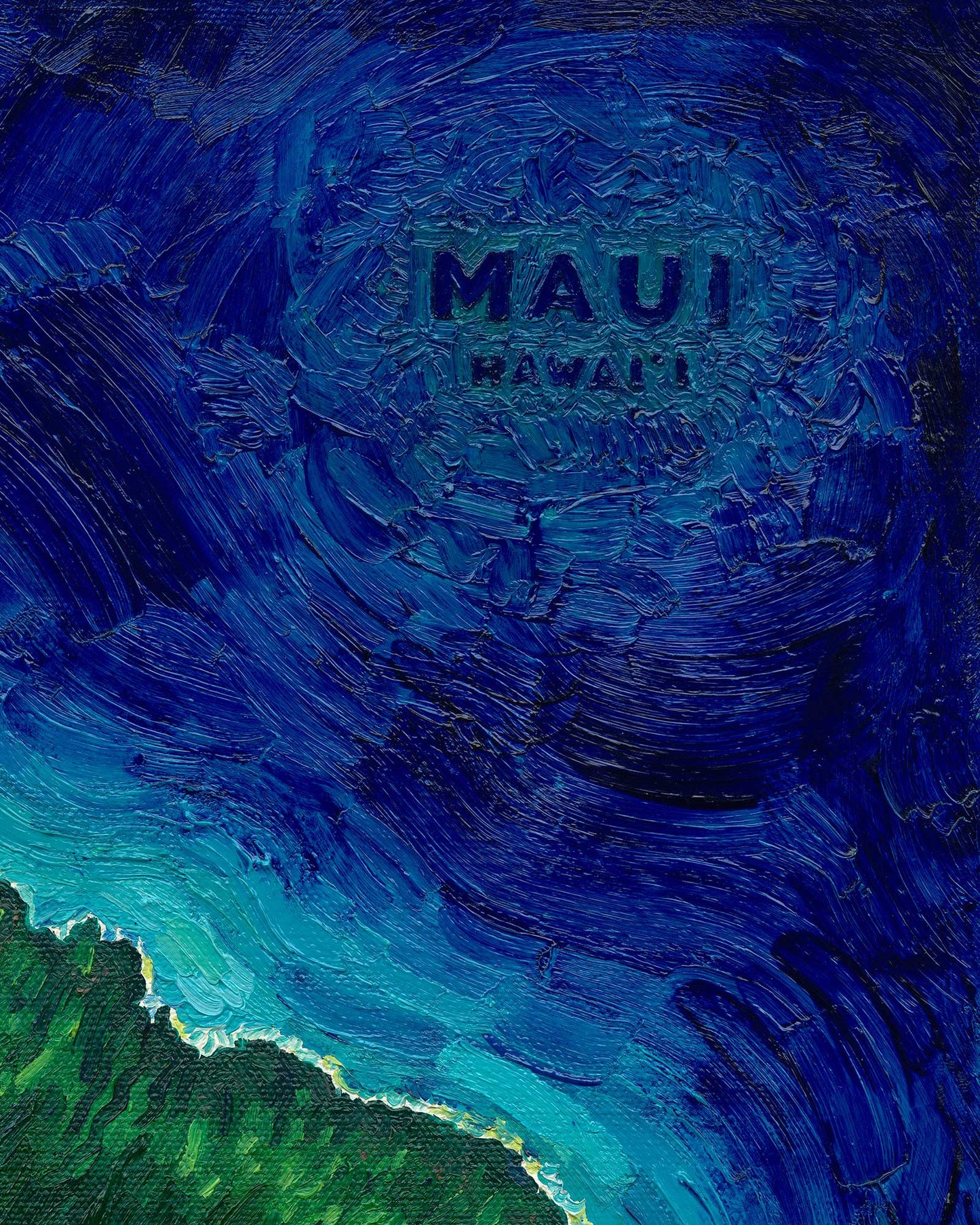 maui Hawaii Hawaiian island Pacific Ocean beach exotic oceania tropical landscape art artwork painting painted brushstrokes archival high quality print giclee map city hills mountain range rivers valleys blue green red orange yellow multicolor bright color palette home interior design travel map lovers enthusiasts travelers Haleakala national park Kahului Lahaina west maui Hana road to Hana vintage style intricate detailed saturated textural bold gallery wall Olivia Serrill oil on canvas original poster
