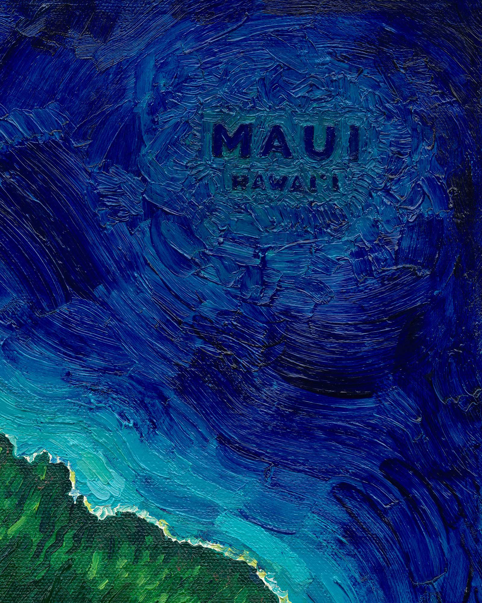 maui Hawaii Hawaiian island Pacific Ocean beach exotic oceania tropical landscape art artwork painting painted brushstrokes archival high quality print giclee map city hills mountain range rivers valleys blue green red orange yellow multicolor bright color palette home interior design travel map lovers enthusiasts travelers Haleakala national park Kahului Lahaina west maui Hana road to Hana vintage style intricate detailed saturated textural bold gallery wall Olivia Serrill oil on canvas original poster