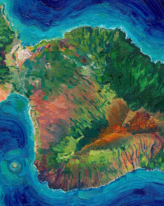 maui Hawaii Hawaiian island Pacific Ocean beach exotic oceania tropical landscape art artwork painting painted brushstrokes archival high quality print giclee map city hills mountain range rivers valleys blue green red orange yellow multicolor bright color palette home interior design travel map lovers enthusiasts travelers Haleakala national park Kahului Lahaina west maui Hana road to Hana vintage style intricate detailed saturated textural bold gallery wall Olivia Serrill oil on canvas original poster