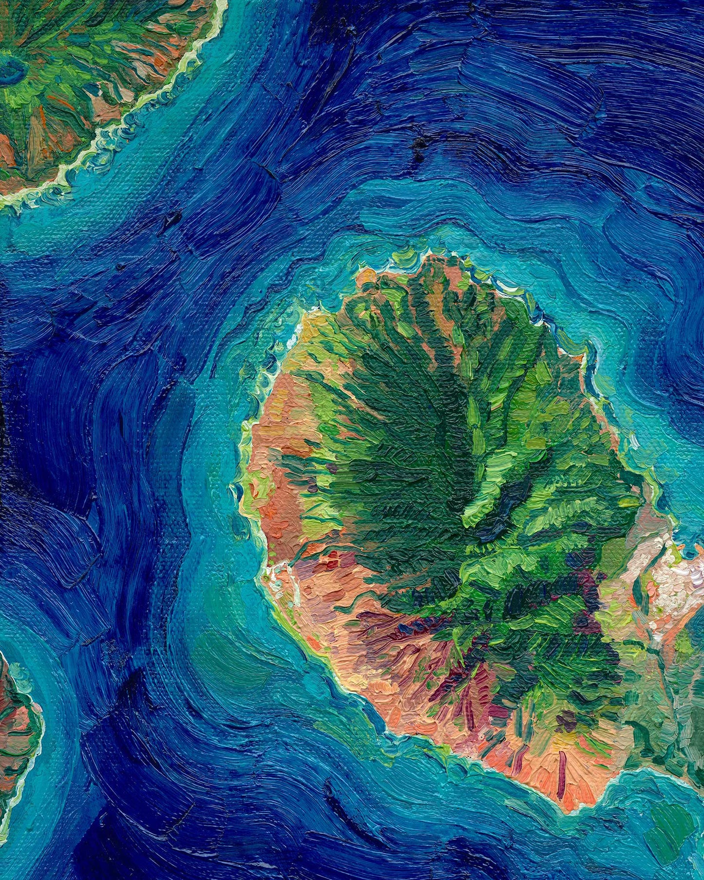 maui Hawaii Hawaiian island Pacific Ocean beach exotic oceania tropical landscape art artwork painting painted brushstrokes archival high quality print giclee map city hills mountain range rivers valleys blue green red orange yellow multicolor bright color palette home interior design travel map lovers enthusiasts travelers Haleakala national park Kahului Lahaina west maui Hana road to Hana vintage style intricate detailed saturated textural bold gallery wall Olivia Serrill oil on canvas original poster