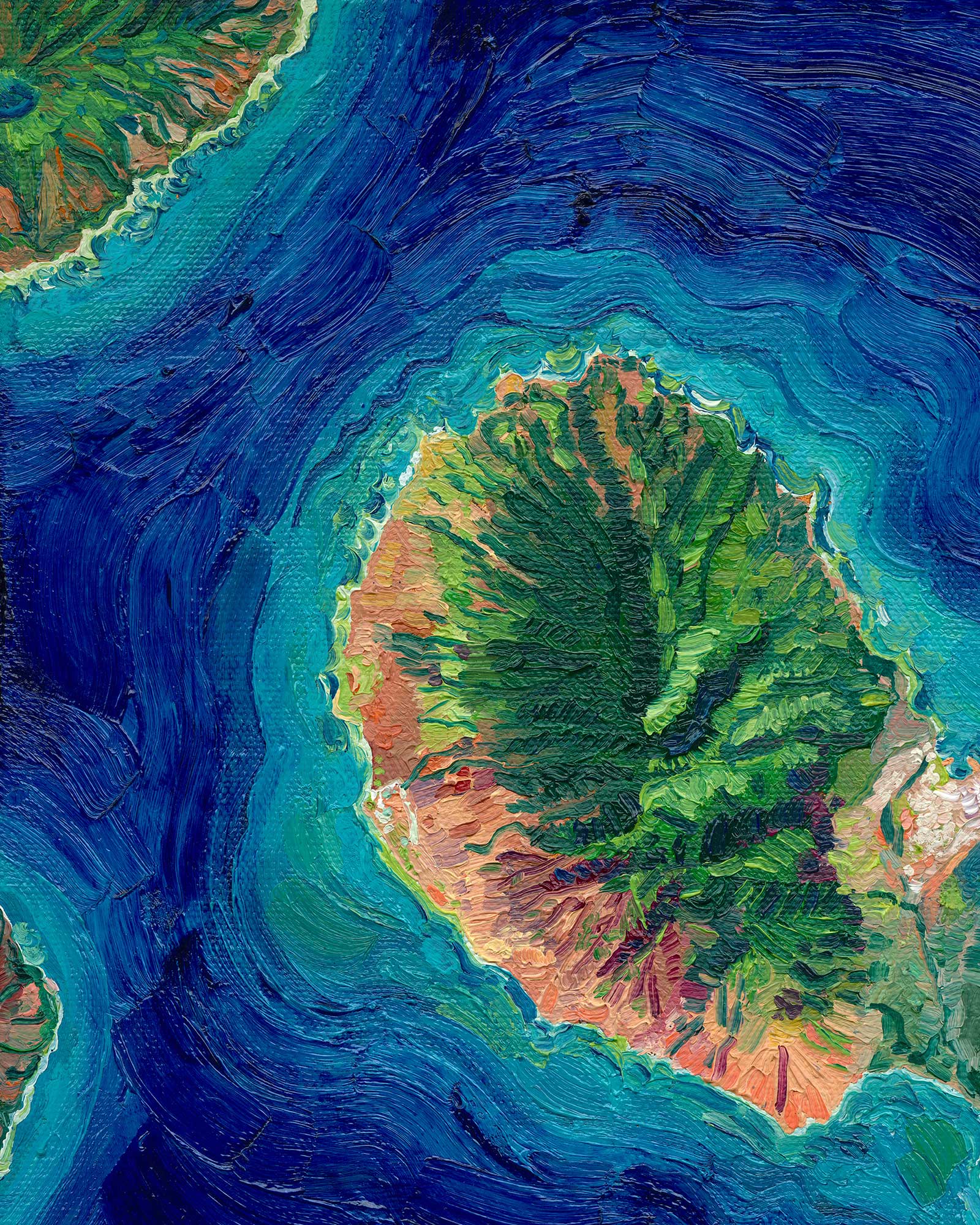 maui Hawaii Hawaiian island Pacific Ocean beach exotic oceania tropical landscape art artwork painting painted brushstrokes archival high quality print giclee map city hills mountain range rivers valleys blue green red orange yellow multicolor bright color palette home interior design travel map lovers enthusiasts travelers Haleakala national park Kahului Lahaina west maui Hana road to Hana vintage style intricate detailed saturated textural bold gallery wall Olivia Serrill oil on canvas original poster