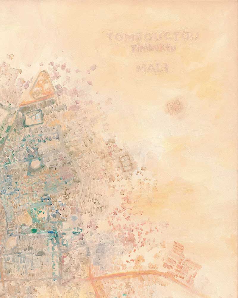 Close-up detail of original oil painting—colorful abstract aerial view of Timbuktu, Mali in warm pink, coral, and desert tones.