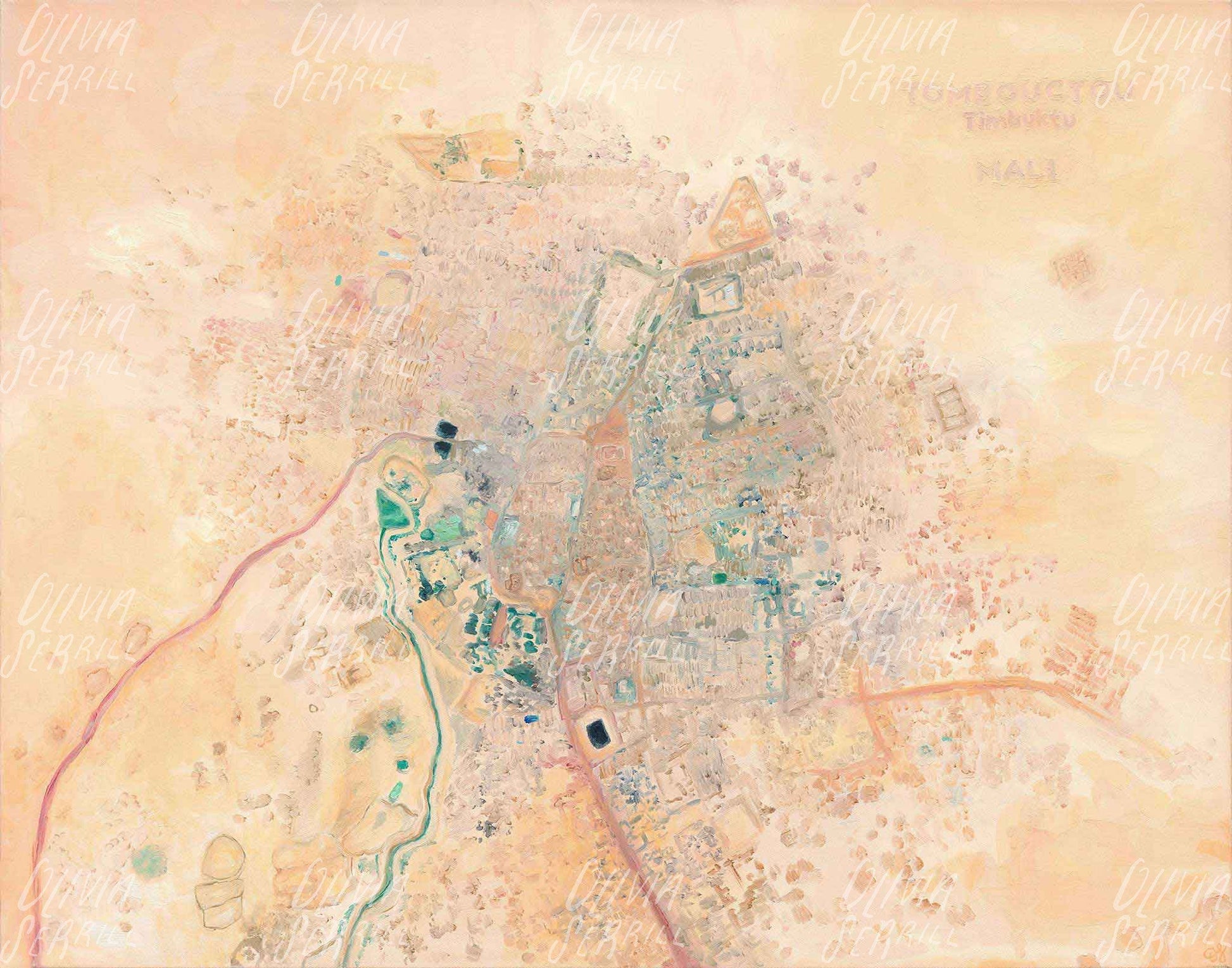 Giclée art print of original oil painting—colorful abstract aerial view of Timbuktu, Mali in warm pink, coral, and desert tones.
