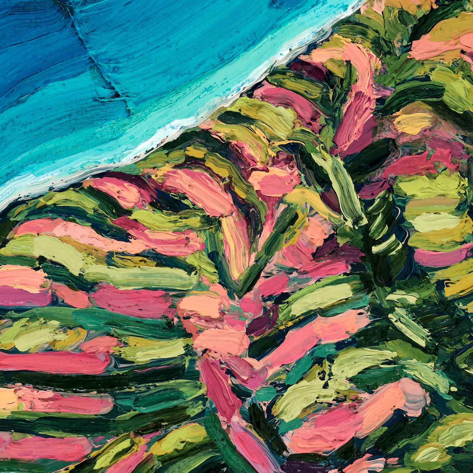 An abstract painting with thick impasto brushstrokes, featuring a bright turquoise blue section in the upper left and layered foliage-like forms in pink, green, yellow, and teal.
