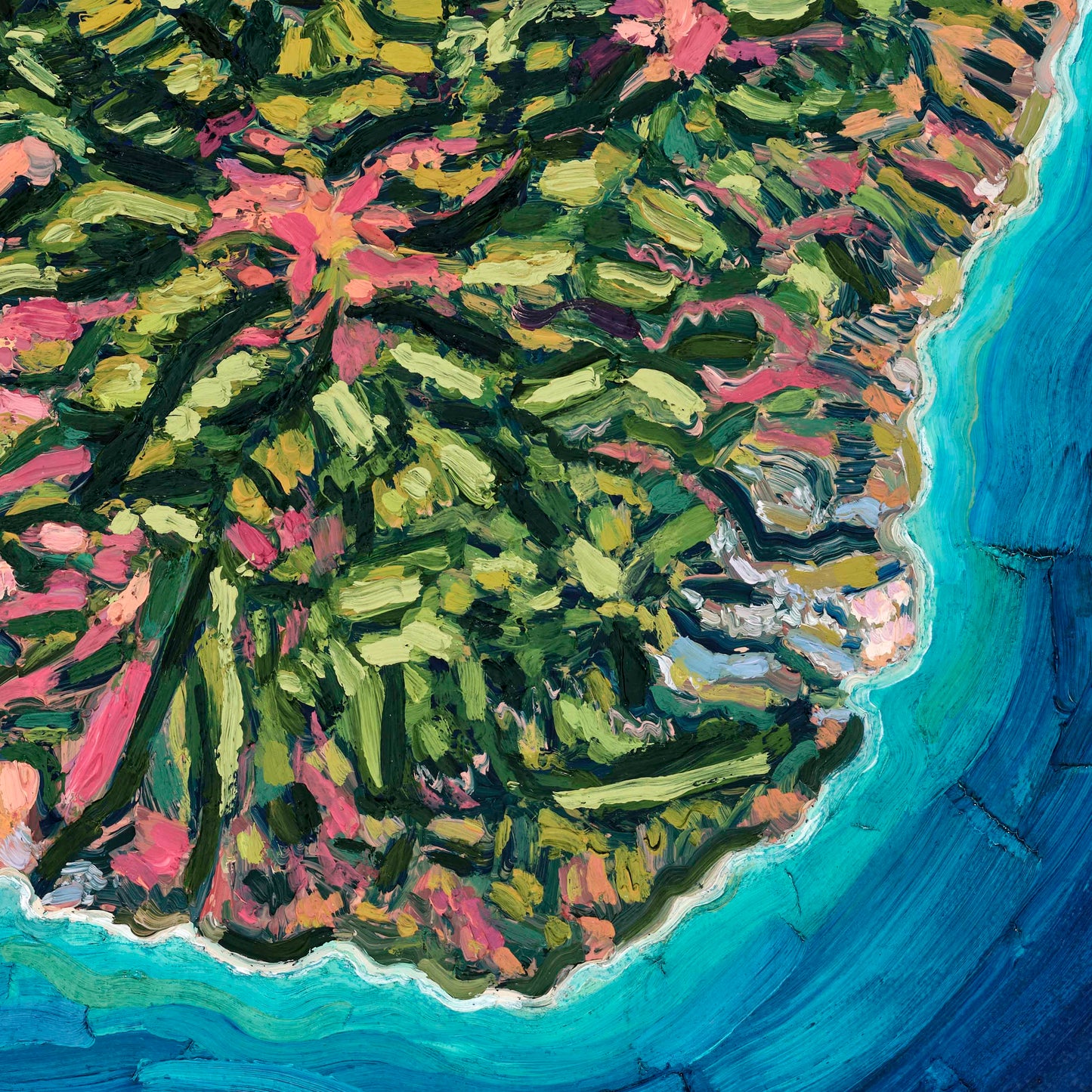 An expressive oil painting of a tropical coastline, featuring a lush green and yellow island with pink flowers, bordered by a vibrant turquoise ocean.