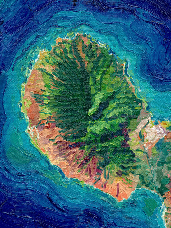 maui Hawaii Hawaiian island Pacific Ocean beach exotic oceania tropical landscape art artwork painting painted brushstrokes archival high quality print giclee map city hills mountain range rivers valleys blue green red orange yellow multicolor bright color palette home interior design travel map lovers enthusiasts travelers Haleakala national park Kahului Lahaina west maui Hana road to Hana vintage style intricate detailed saturated textural bold gallery wall Olivia Serrill oil on canvas original poster 